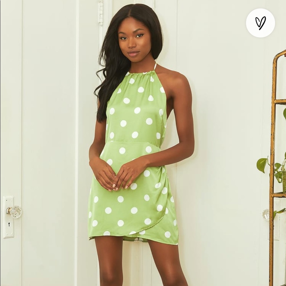 Lulus green & white satin polka dot dress